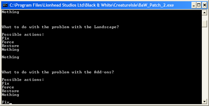 Screenshot of BaW Patch 2.0 with "Fix" chosen for question about Add-ons.