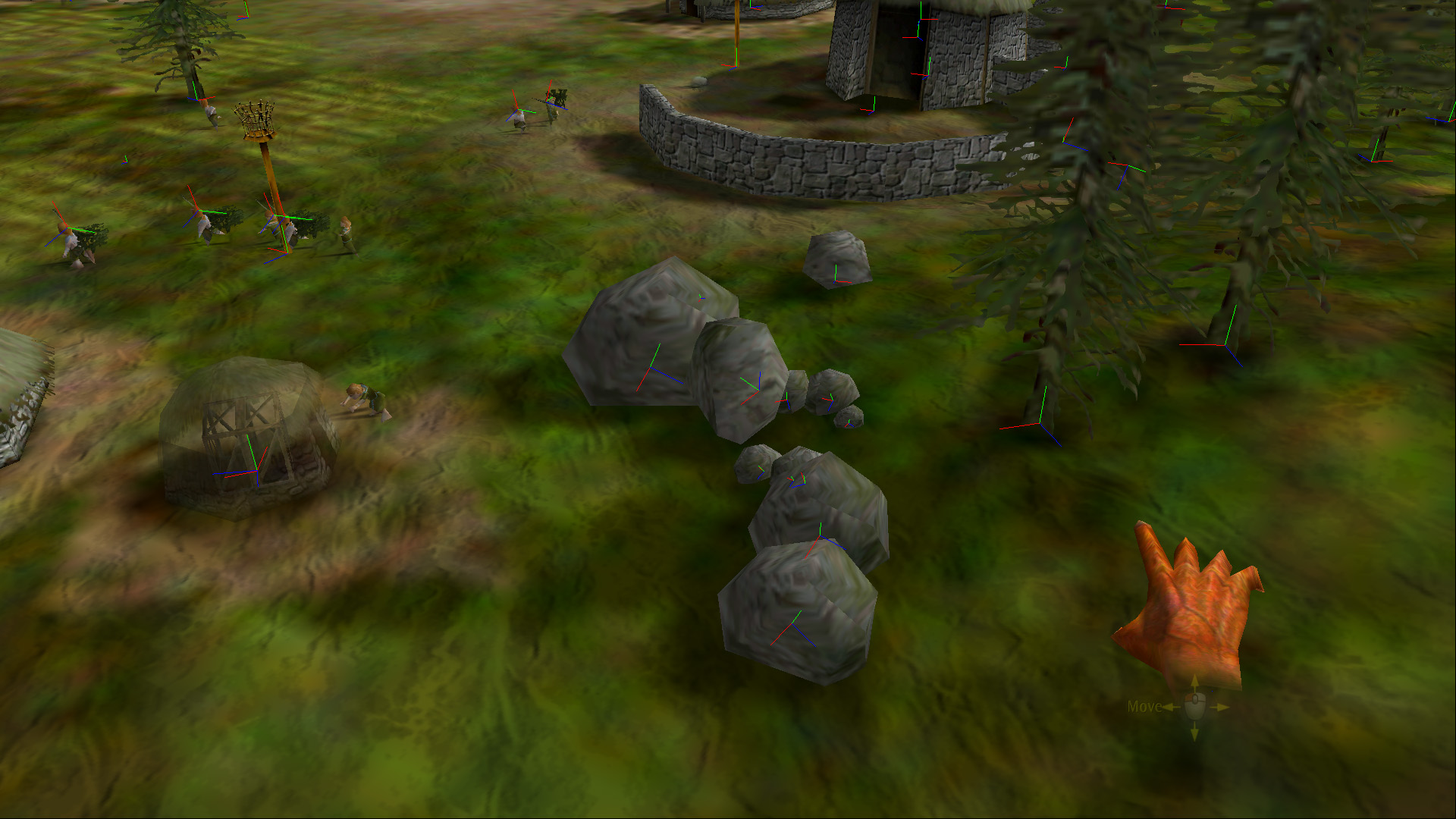 Game screenshot with visible euler angles of objects